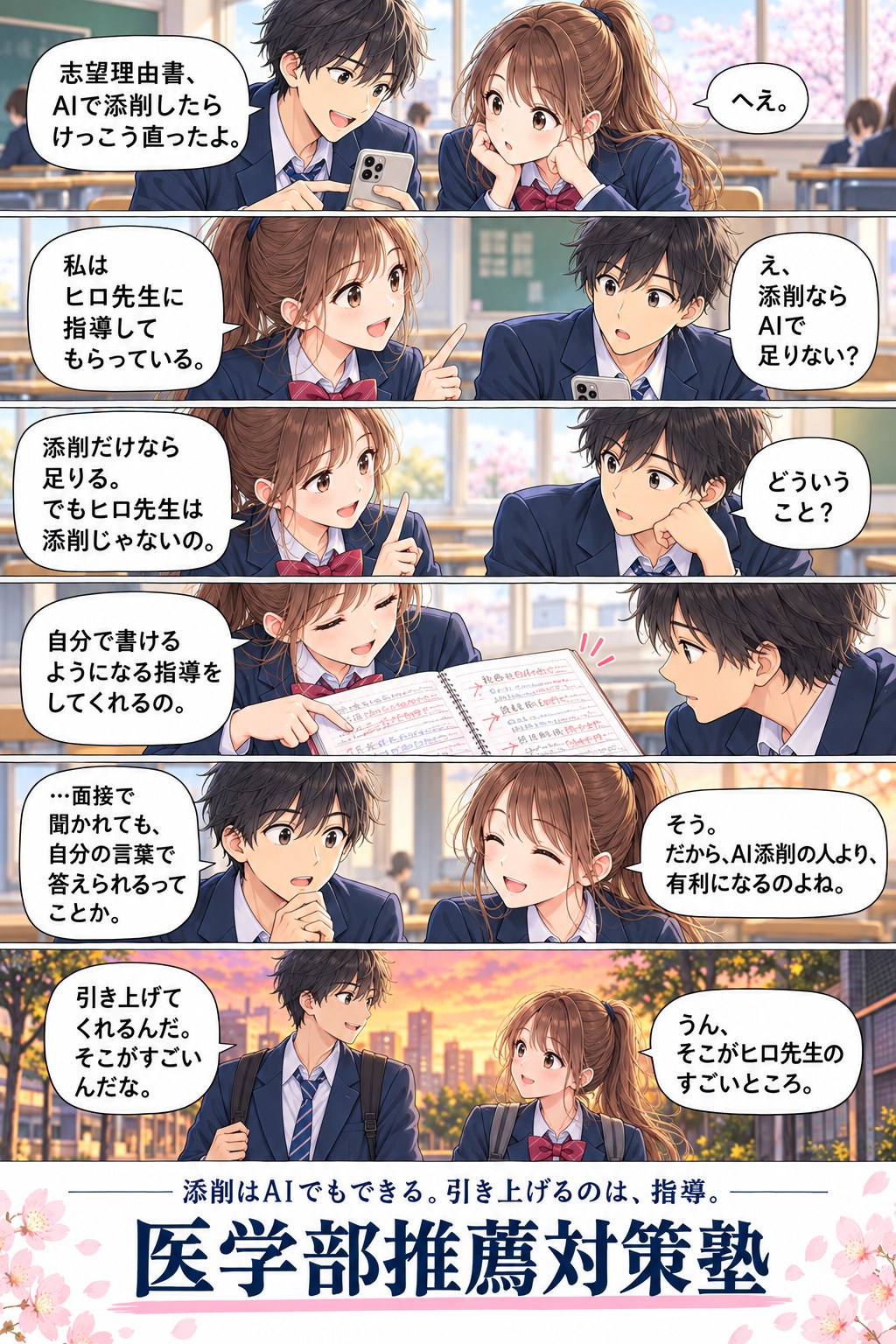 漫画。男子生徒「志望理由書、AIで添削したらけっこう直ったよ」。女子生徒「私はヒロ先生に指導してもらっている」。男子「え、添削ならAIで足りない?」。女子「添削だけなら足りる。でもヒロ先生は添削じゃないの。自分で書けるようになる指導をしてくれるの」。男子「面接で聞かれても、自分の言葉で答えられるってことか」。女子「そう。だから、AI添削の人より有利になるのよね」。男子「引き上げてくれるんだ。そこがすごいんだな」。女子「うん、そこがヒロ先生のすごいところ」。添削はAIでもできる。引き上げるのは、指導。医学部推薦対策塾。